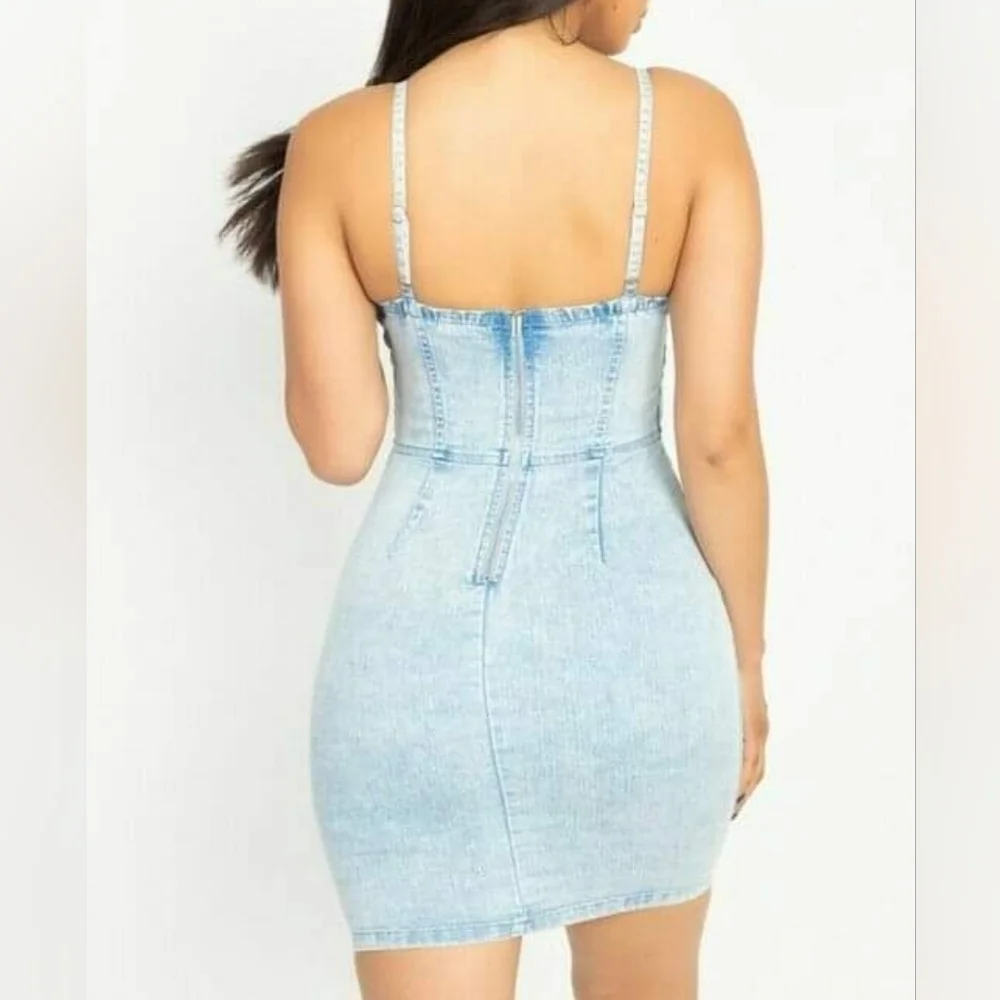 Acid Wash Sweetheart Neckline Denim Bustier Mini Dress with Stretch - Picture 2 of 12